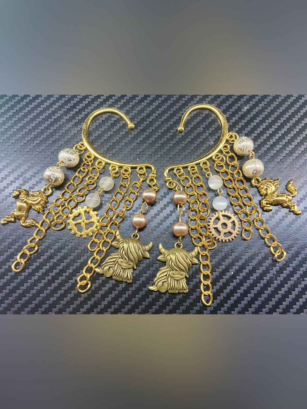 Hand Crafted Gold Fringe Earrings with Animal & Gear Charms